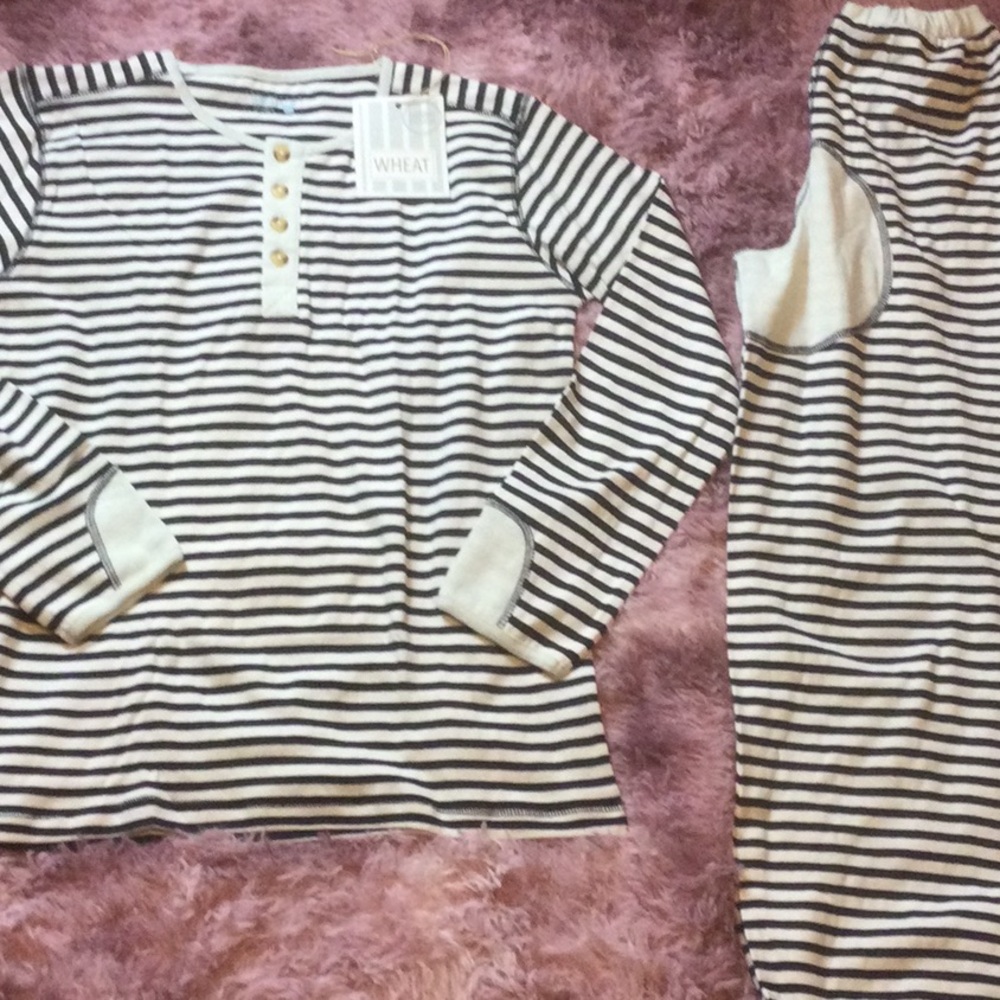 Wheat Striped Henley Top and Pants Set - Black and White 12 yrs